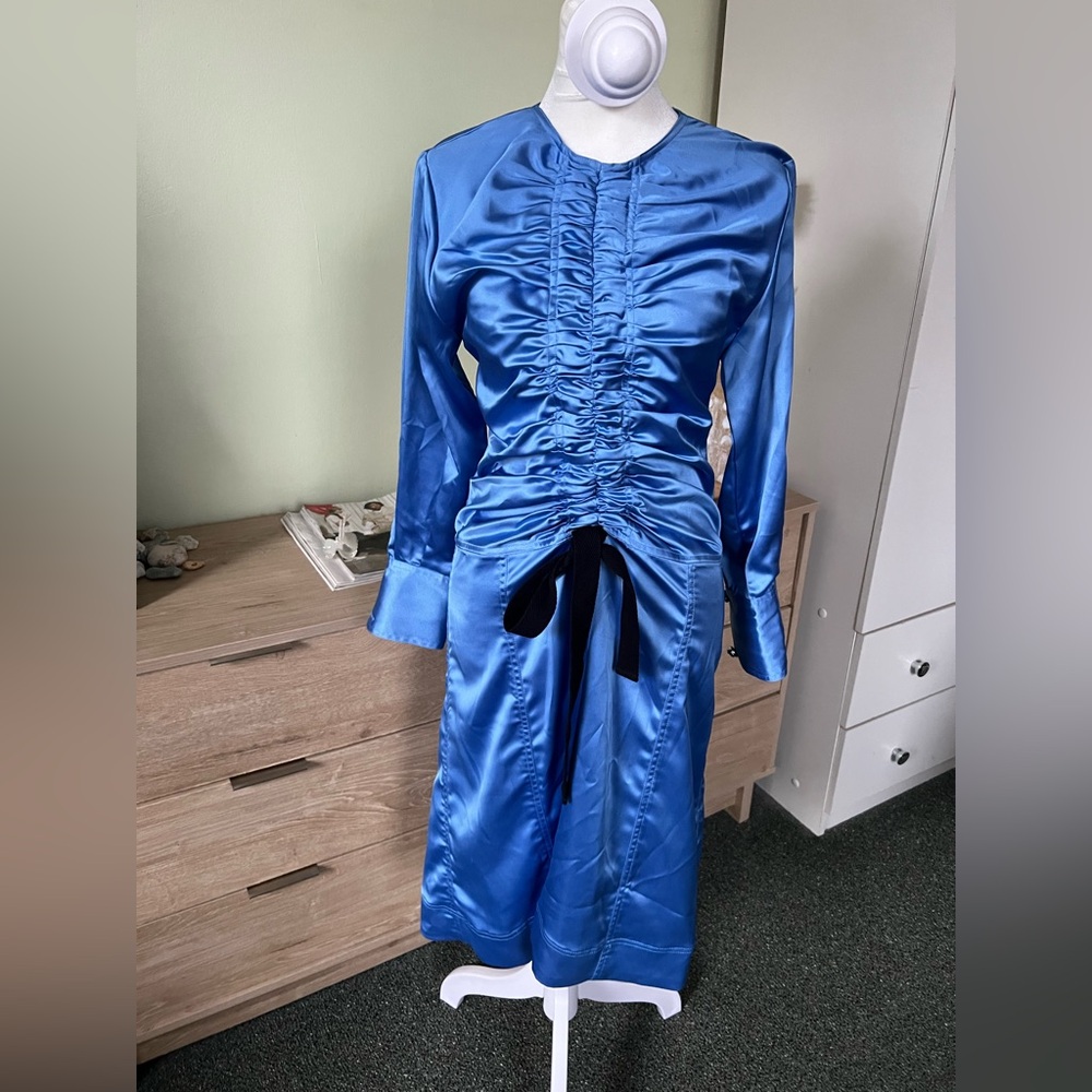 GANNI Blue Granada Sky Black Ruched Bow Satin Midi Long-Sleeve Modest Dress XS-S
